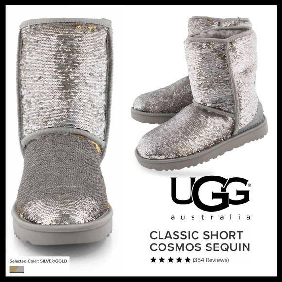 UGG Classic Short Cosmo Sequin Silver & Gold Boots - Picture 7 of 13